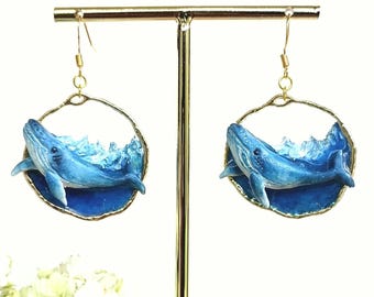 Pendientes de ballena, pendientes colgantes de arcilla, pendientes de arcilla polimérica hechos a mano, regalo de ballena azul para novia, pendientes novedosos, regalos para ella