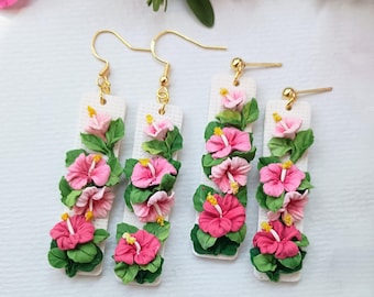 Pendientes colgantes de hibisco, pendientes de arcilla polimérica, pendientes de flores de verano, joyería tropical playera, regalos para mamá, regalo de cumpleaños
