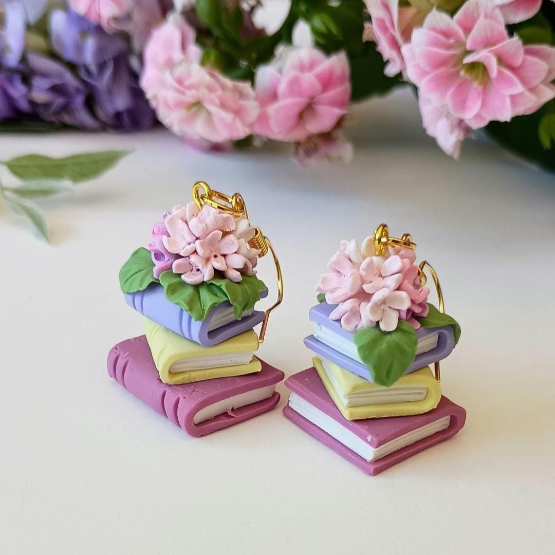 Book Earrings Dangle Hydrangea Earrings Handmade Polymer Clay Jewelry Gift for Book Lovers Unique Teacher Gift for Her Bookish Earrings Gift