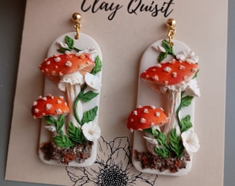 Mushroom Earrings Dangle Polymer Clay Earrings Handmade Cottage Core Earrings Magic Mushroom Gifts Whimsical Jewelry 2" Long Hypoallergenic