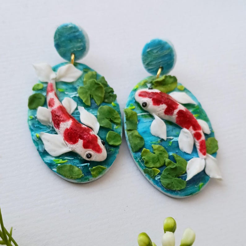 Koi Fish Earrings Dangle Polymer Clay Earring Statement Art Earrings Japanese Earrings Unique Gift for Her Koi Fish Jewelry Gift Ideas image 8