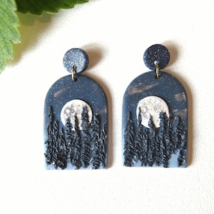 Mond Ohrringe Handgemachte Polymer Ton Ohrringe Baumeln Nacht Landschaft Landschaft Landschaft Natur Schmuck dunkel Academia wunderliches Geschenk für Mutter