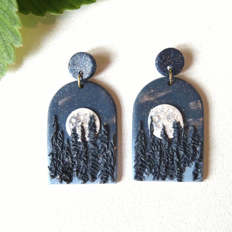 Moon Earrings Handmade Polymer Clay Earrings Dangle Night Landscape Earrings Scenice Nature Jewelry Dark Academia Whimsical Gift for Mother image 1