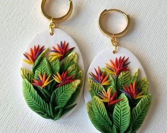 Pendientes de aves del paraíso, pendientes colgantes de arcilla con flores, joyería de arcilla hecha a mano, ideas de regalo de cumpleaños para madre, regalo de aniversario único para esposa