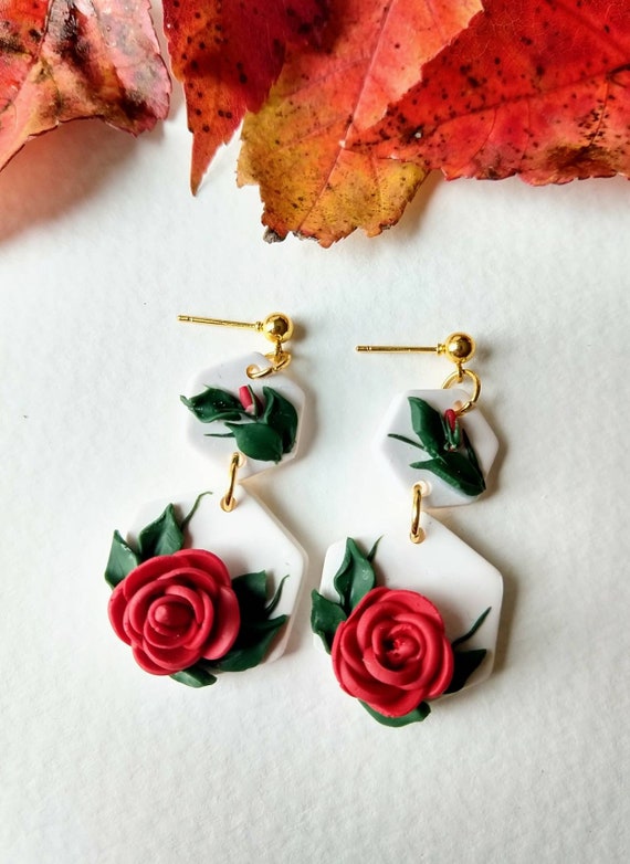 Red Rose Earrings Valentines Earrings Polymer Clay Earrings 2