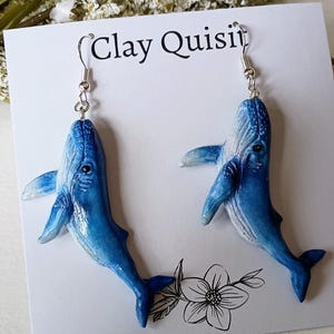 Whale Earrings Dangle Clay Earring Handmade Polymer Clay Jewelry Ocean Earrings Blue Whale Gift for girlfriend Clipon Earrings Available