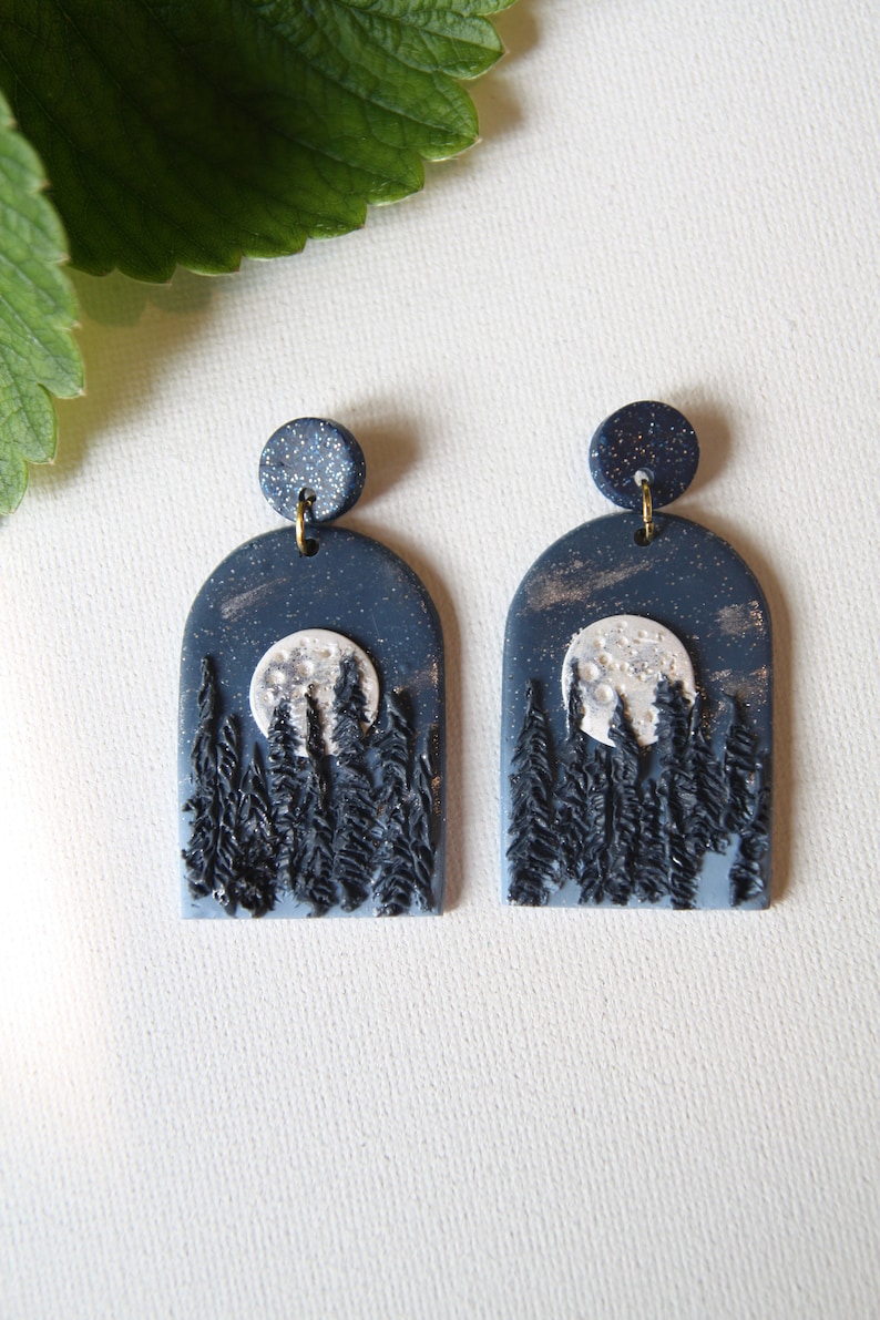 Moon Earrings Handmade Polymer Clay Earrings Dangle Night Landscape Earrings Scenice Nature Jewelry Dark Academia Whimsical Gift for Mother image 1