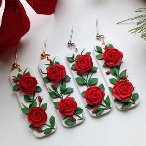 Red Rose Earrings Dangle Valentine Earrings Handmade Polymer Clay Jewelry Red Flower Clay Earring Valentine Day Gift for Wife Hypoallergenic