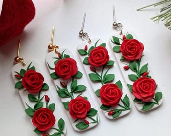 Red Rose Earrings Dangle Valentine Earrings Handmade Polymer Clay Jewelry Red Flower Clay Earring Valentine Day Gift for Wife Hypoallergenic