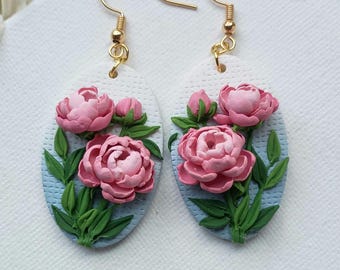 November Birth Flower Earrings Dangle Peony Earrings Handmade Polymer Clay Flower Jewelry Birthday Gift for Her Anniversary Gift