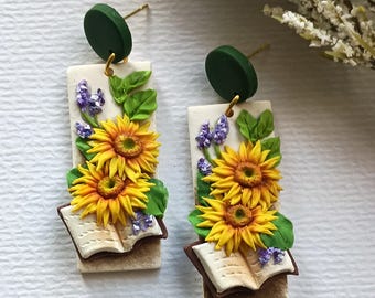 PRE-ORDER Book Earrings Dangle Clay Earrings Handmade Polymer Clay Sunflower Earrings Bookish Gifts for Teacher Jewelry Gift Ideas