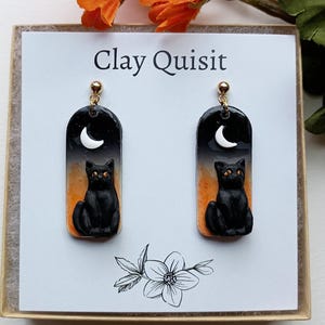 Black Cat Earrings Dangle Halloween Earrings Spooky Handmade Polymer Clay Earrings Gift Ideas for Cat Mom Witchy Jewelry Cat Gift for Her