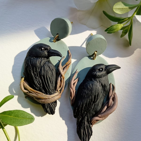 Raven Earrings Handmade Polymer clay Earring Dark Academia Jewelry Witchy Earrings for Halloween Whimsical Gift for Mother  2 1/4" long