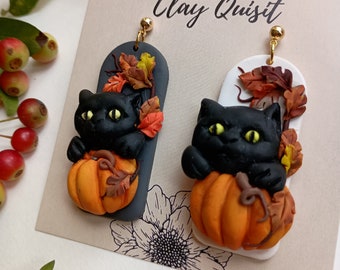 Kolczyki na Halloween - Niedopasowane kolczyki z czarnym kotem - Kolczyki z dyniami - Długość 2 1/4 cala - Bez niklu