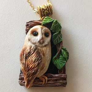Barn Owl Necklace Handmade Polymer Clay Pendant Necklace Vintage Style Cottage Core Jewelry Gift for Her Whimsical Woodland Animal Gift
