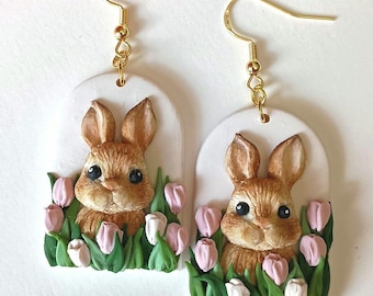 Bunny Earrings Cute Easter Earrings Handmade Polymer Clay Earrings Tulip Earrings Cottage Core Earrings Spring Unique Jewelry Gift for Her