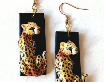 Cheetah Earrings Dangle Leopard Earrings Animal Earrings Handmade Polymer Clay Jewelry Gift for Animal Lover