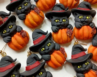 ハロウィンイヤリング - 黒猫イヤリング - カボチャイヤリング - 長さ2