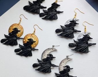 Witch Earrings Dangle Halloween Earrings Handmade Polymer Clay Earrings Witchy Jewelry Gifts Dark Academia Fall Clay Earrings Gifts for Her