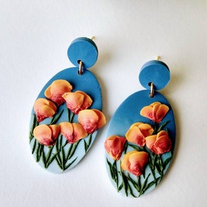 California Orange Poppy Earrings Handmade Polymer Clay Earrings Dangle Flower Earrings California Gifts Cottage Core Jewelry 2 Inches Long