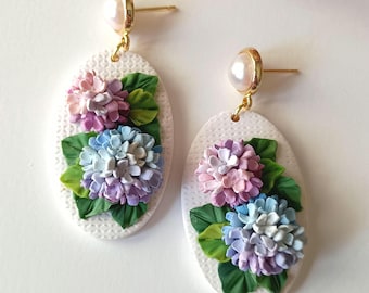 Hortensie Ohrringe Baumeln Frühlingsblume Ton Ohrring Handgemachte Polymer Clay Schmuck Geschenk für Mutter Tag Geschenk Ideen für Frau