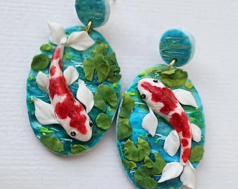 Koi Fish Earrings Dangle Polymer Clay Earring Statement Art Earrings Japanese Earrings Unique Gift for Her Koi Fish Jewelry Gift Ideas