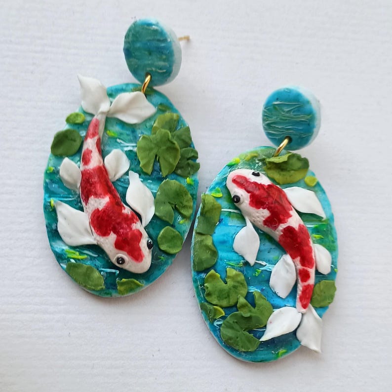 Koi Fish Earrings Dangle Polymer Clay Earring Statement Art Earrings Japanese Earrings Unique Gift for Her Koi Fish Jewelry Gift Ideas image 1