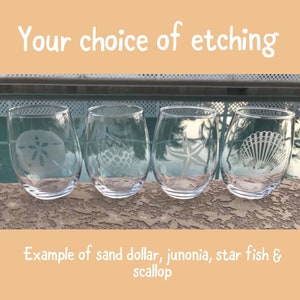 Etched Stemless Wine Glasses YOUR CHOICE 20+ images, Coastal Glassware, Etched Coastal Drinkware, Ocean Beach Seashore Seashell Nautical