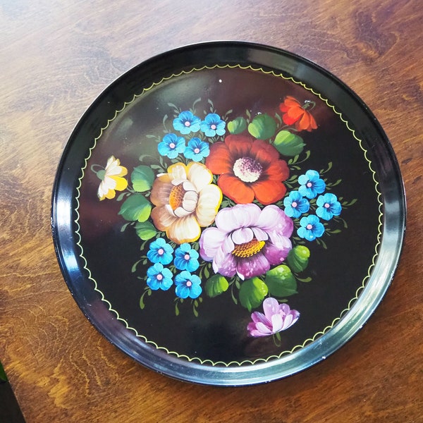 Vintage floral metal tray | Large handpainted floral tray | Vintage Russian floral tray | Vintage Zhostovo tray