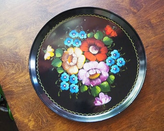 Vintage floral metal tray | Large handpainted floral tray | Vintage Russian floral tray | Vintage Zhostovo tray
