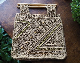 Vintage macrame bag | Macrame bag | Macrame woven handbag with wooden handles | Boho macrame bag