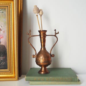 Vintage koperen vaas | Koperen vaas | Decoratieve koperen vaas | Rustieke koperen vaas | Vintage vaas met vogels | Kleine koperen vaas