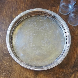 Vintage silver plated tray | Vintage tray with a raised edge | Silver plated serving tray with a cutout rim | Vintage decorative tray