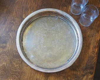 Vintage silver plated tray | Vintage tray with a raised edge | Silver plated serving tray with a cutout rim | Vintage decorative tray