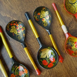 Vintage Khokhloma spoons | Vintage handpainted wooden spoons | Russian wooden spoons