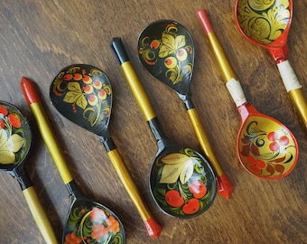 Vintage Khokhloma spoons | Vintage handpainted wooden spoons | Russian wooden spoons