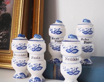 Ancien Service à épices Céramique Bleuets - 5 Pots Avec Couvercles