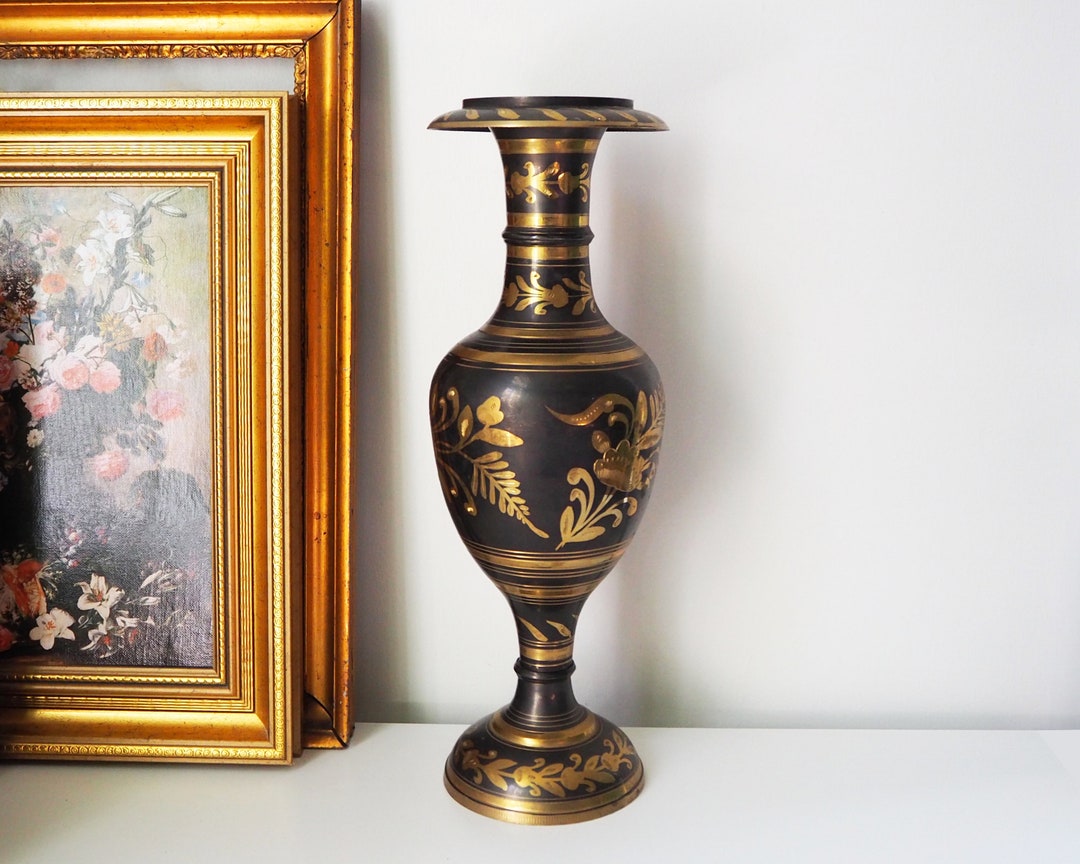 Vintage Brass Vase Large Vintage Vase Black Brass Vase Etched Floral