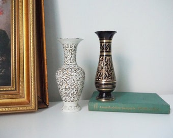 Vintage brass vases | Set of two small vases | Black and white brass vase | Etched brass vases | Vintage vases