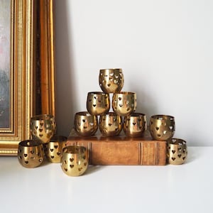 Set of twelve vintage tealight candle holders | Heart tealight candleholders | Vintage brass votive candleholders | Brass tealight holders
