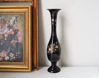 Vintage Ornate Brass Vase Etched and Painted Floral Flowers  Vintage Ornate Brass Vase Etched And Painted Floral Flowers And Birds 12” Tall main image 1