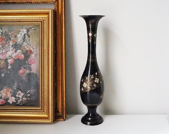 Vintage brass vase | Black brass vase | Etched floral brass vase black | Tall brass and black vase