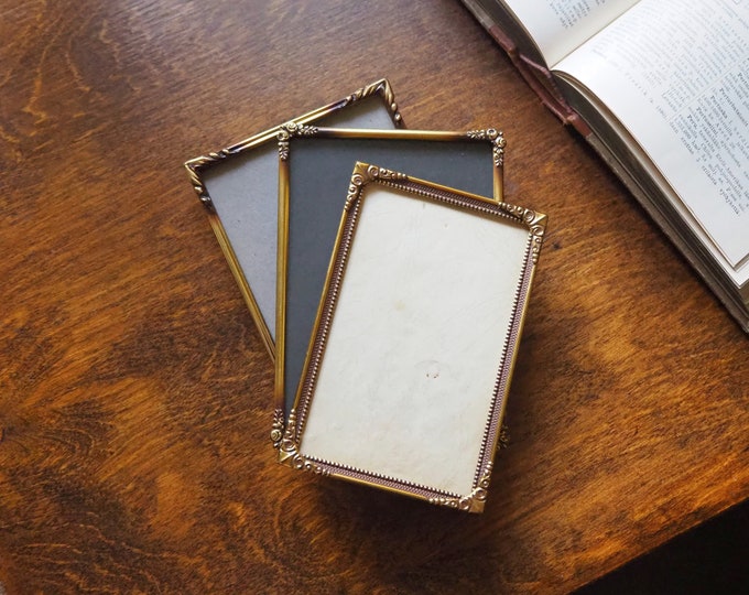 Set of Three Vintage Brass Photo Frames Brass and Brown Photo Frames Mismatched Vintage Frames