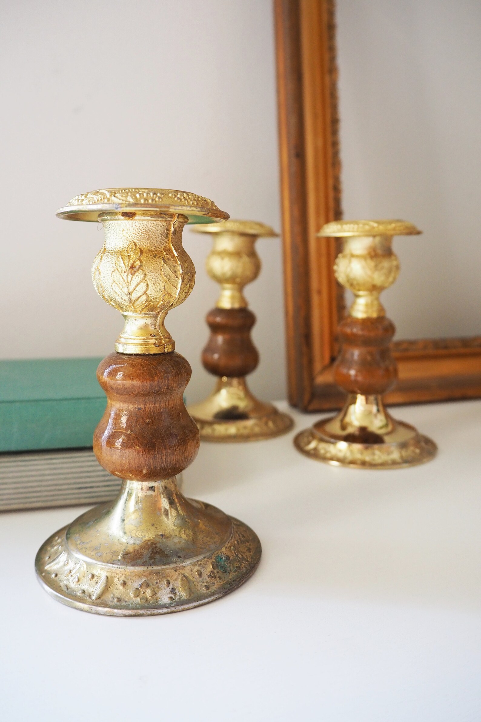 Set of three vintage candlestick holders Gold plated candle | Etsy
