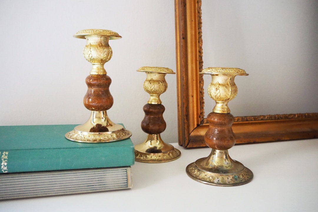 Set of Three Vintage Candlestick Holders | Gold Plated Candle Holders ...