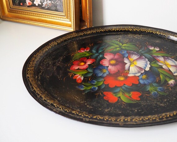 Vintage Floral Metal Tray | Large Handpainted Floral Tray