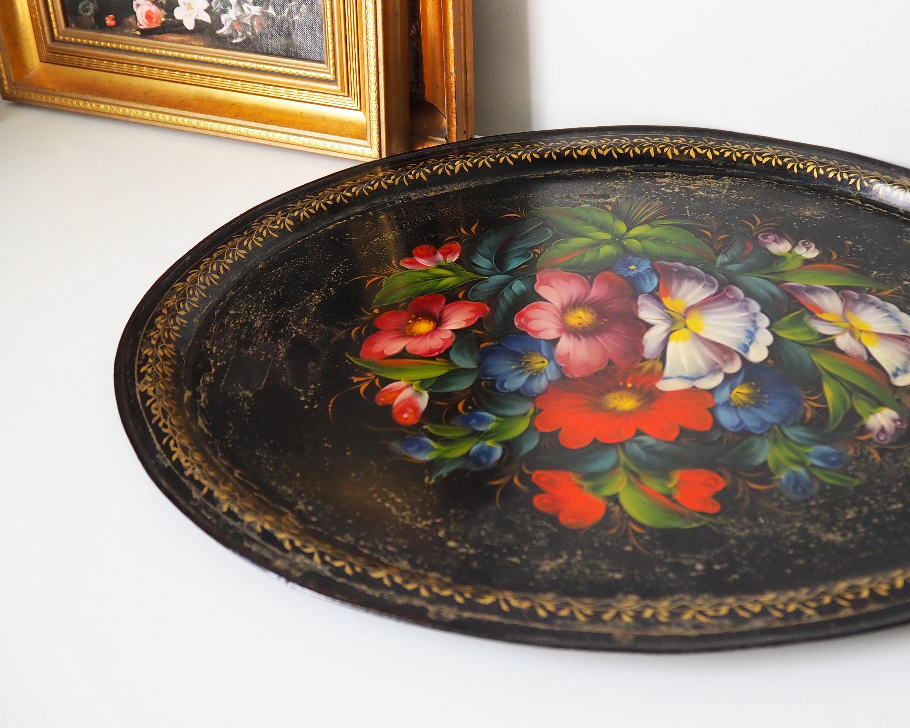 超珍色‼︎ 上州屋限定オリカラ ハトリーズ インナーハンドW.B 豹柄　レア！ Vintage Floral Metal Tray | Large Handpainted Floral Tray