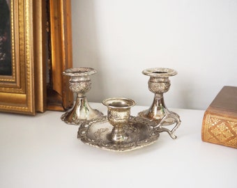 Set of three vintage candlestick holders | Silver tone candlestick holders | Mismatched candlestick holders