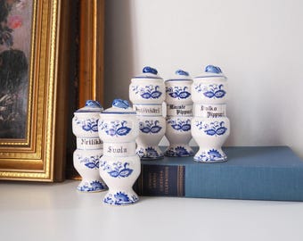 Juego de cinco tarros de especias de cerámica vintage / Tarros de especias Blue Onion / Tarros de especias de cerámica vintage / Tarros de especias azules y blancos / Fabricados en Japón