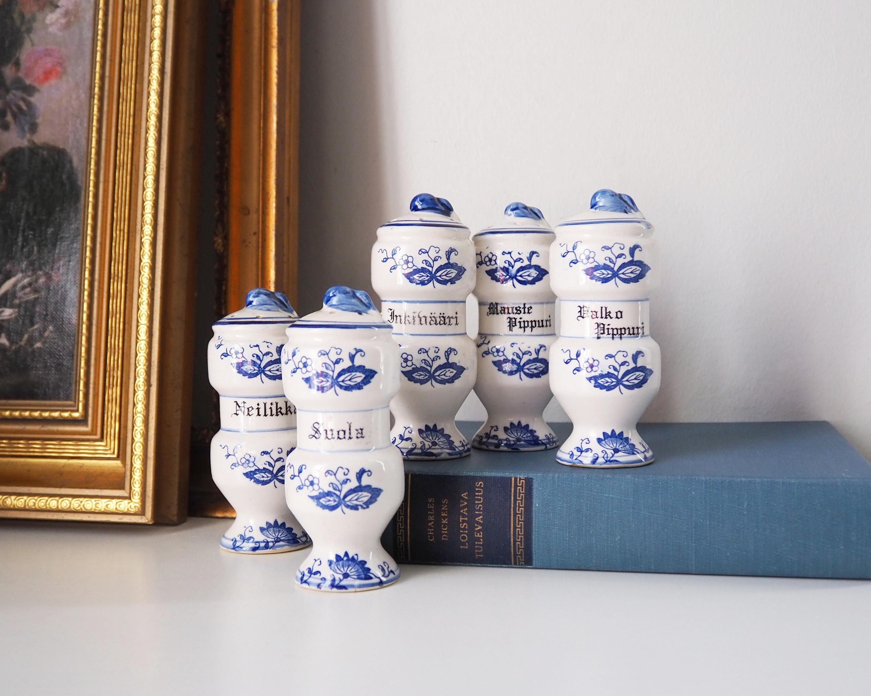 Set of Five Vintage Ceramic Spice Jars | Blue Onion Spice Jars